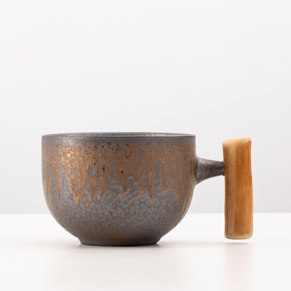 Taza de café vintage japonesa de gran capacidad, mango de madera, tazas de cerámica retro 550 ml (gris C)