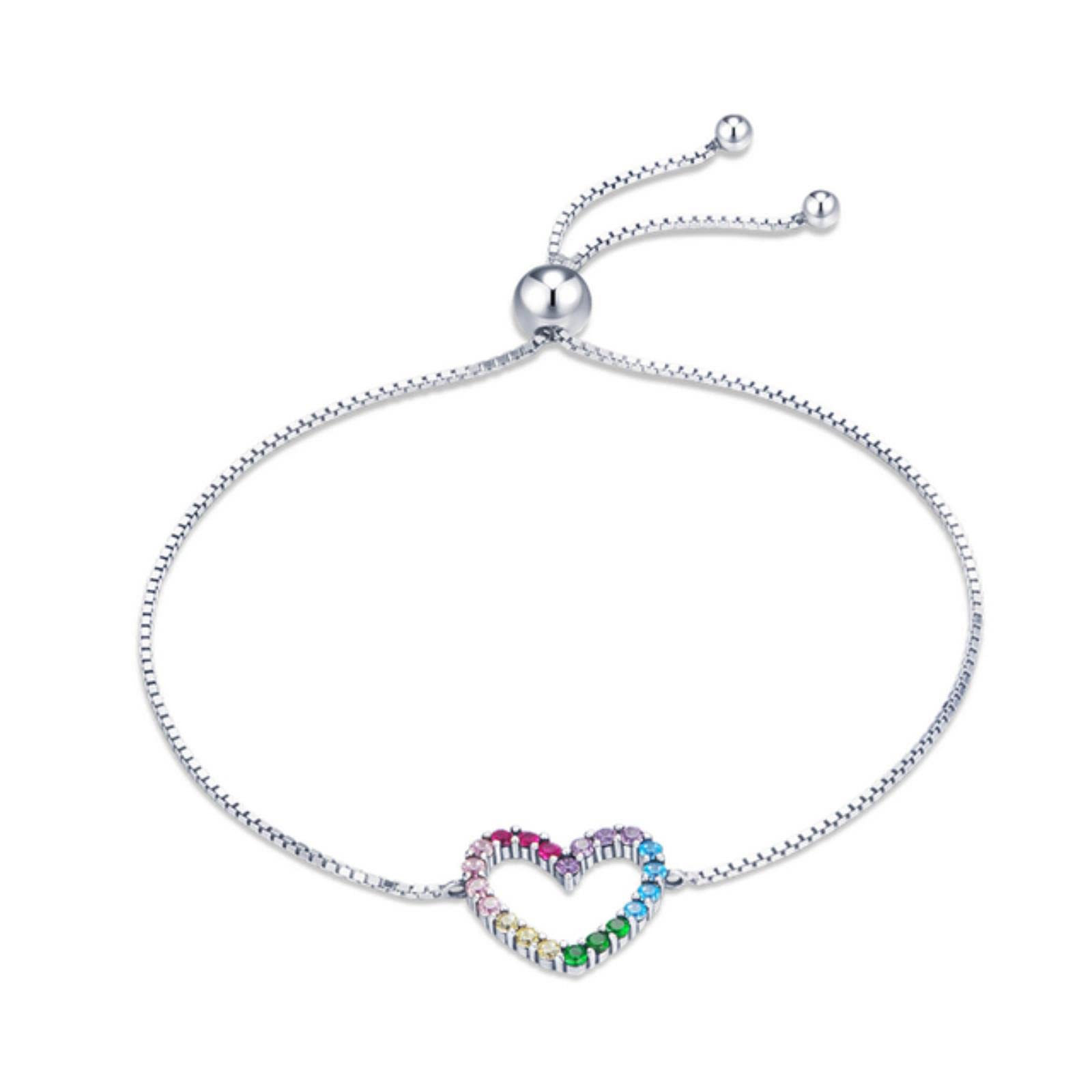 Cadena de Pulsera Ajustable de circón de Amor con patrón de corazón Colorido arcoíris de Plata de Ley 925 para Mujer, joyería Fina
