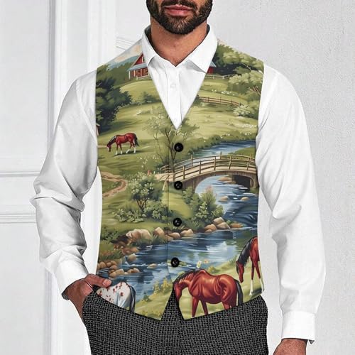 Farmhouse Bridge Horse Scene Novelty Men's Suit Vest Casual Formal Dress Vests Business Waistcoat2