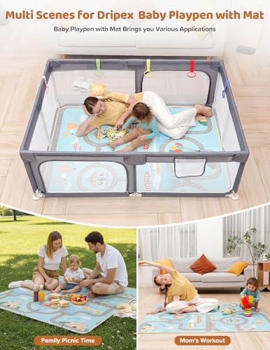 Image of Dripex Baby Playpen with Mat, 71 inchx47 inch Large Play Pen for Babies, Light Grey | Included Waterproof Mat /Portable Bag / Pull up Rings, Breathable Visible Mesh, Easy Setup, Indoor /Outdoor Use