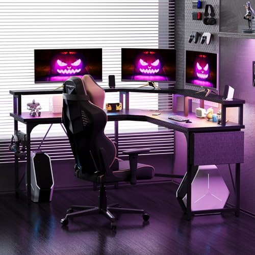 Devoko L Shaped Desk with Power Outlets,LED Corner Gaming Desk Corner Desk with Shelves, Large PC Writing Table for Home Office Bedroom,Monitor Stand, Hooks, Carbon Fibre Black - Image 3