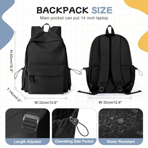 HYC00 School Backpack Womens, Causal Travel School Bags 14 Inch Laptop Backpack Rucksack Bag for Women Teenage Girls Boys Lightweight College Rucksack Water Resistant Bookbag Work Daypack, Black - Image 3