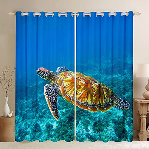 Loussiesd Sea Turtle Curtain 3D Reptile Print Window Treatments For Kids Children Teens Ocean Marine Themed Window Drapes Underwater Animal Blue Window Curtain Bedroom Decor W46*L54
