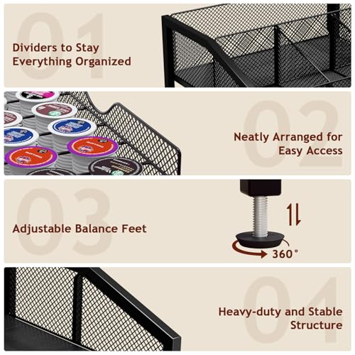 Image of Homsorout Coffee Bar Organizer - Coffee Station for Countertop, Metal and Wood K Cup holder Storage Basket with Drawer for Syrup, Cups, Stirrer, Condiment, Tea Organizer, Black