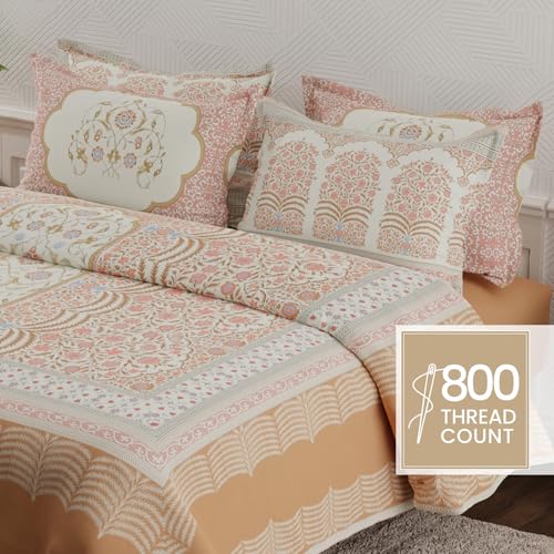 Image of BOUTIQUE LIVING Platinum Pulse 100% Cotton 800 TC Brown & Red Digital Meenakari Print King Bedsheet with 4 Pillow Covers