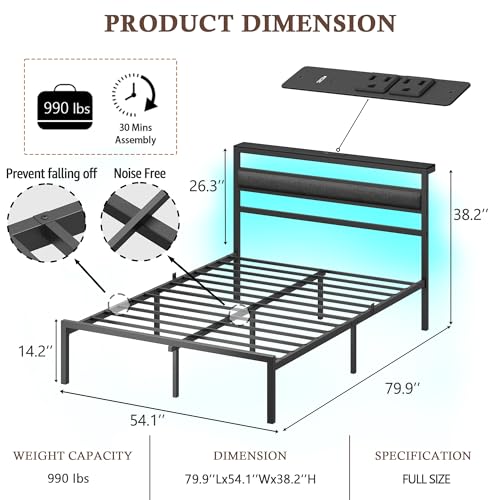 Image of OURPIC Full Size Bed Frame, Bed Frame Full with LED Lights and Charging Station Headboard, Metal Platform Bedframe and Dark Gray Storage Shelf, No Box Spring Needed, Noise Free