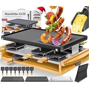 KESSER® Griglia per raclette con pietra naturale, piastra per grigliare griglia da tavolo per 8 persone, griglia elettrica per raclette con piastra antiaderente, 8 pentole e spatola di legno 1200W