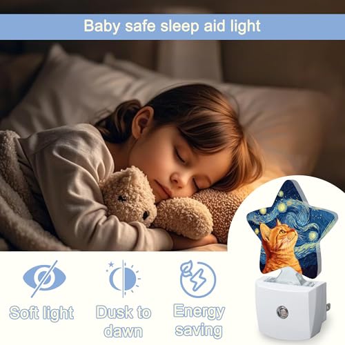 Image of Starry Night Cat Night Lights Plug Into Wall,Abstract Oil Painting Star Night Light for Kids,Nightlight with Dusk to Dawn Smart Sensor for Bedroom Bathroom Decor,Children Women Men Gift
