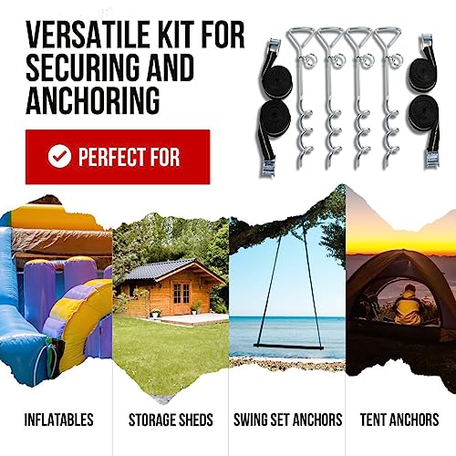 Trampoline Anchor Kit - Heavy Duty Tie Down System - Set of 4 - Tie Downs with Ground Stakes