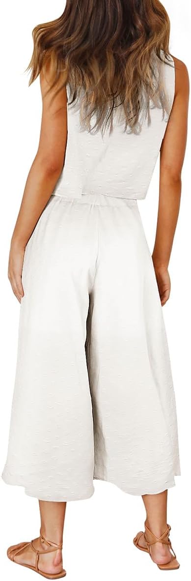 ROYLAMP Women's 2 Piece Outfits Basic Top Cropped Wide Leg Pants Set image 3