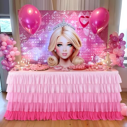 Tao-Ge LTS240702 6Ft Pink Tutu Tulle Table Skirt For Rectangle Round Tables Chiffon Table Cloth thumb #3