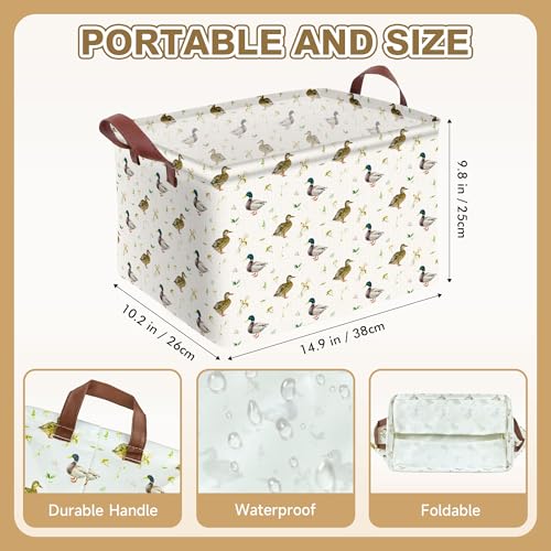 Image of Cute Mallard Duck Storage Basket Waterproof Canvas Toy Storage Bin Mallard Duck Room Decor Collapsible Outdoor Basket with Leather Handles Duck Decor Blanket Baskets For Closets,Bedrooms,Gifts Baskets