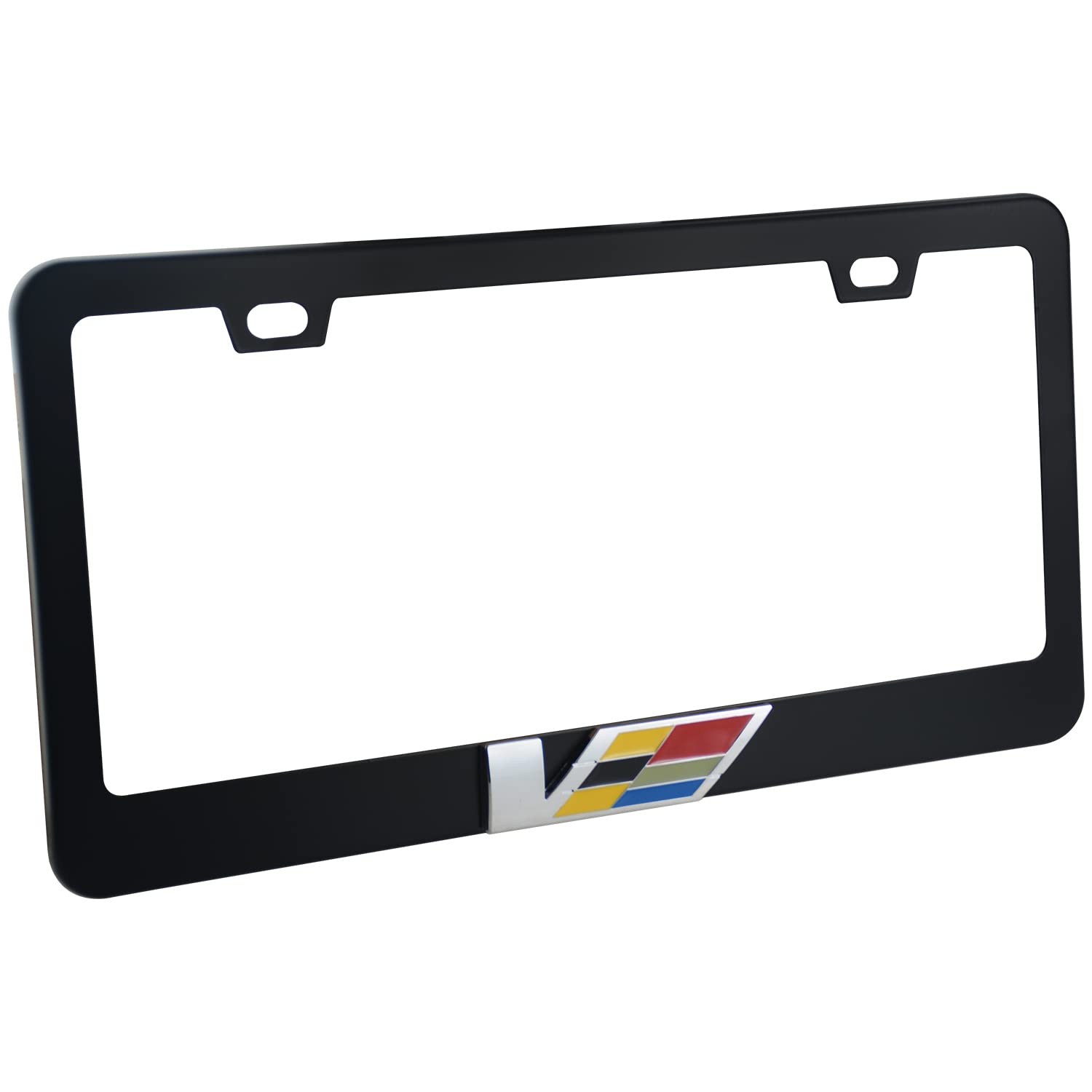 1x V Logo 3D Emblem Stainless License Plate Frame Rust Free with SCaps Replacement for ATS CTS (Black)