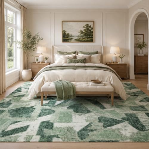 Image of 8X10 Area Rugs for Living Room Bedroom,Modern Abstract Large Carpet Green Rug 8x10 for Dining Room Office,Non Slip Washable Print Faux Wool Thin 8 by 10 Indoor Nursery Kids Home Pet & Child Friendly