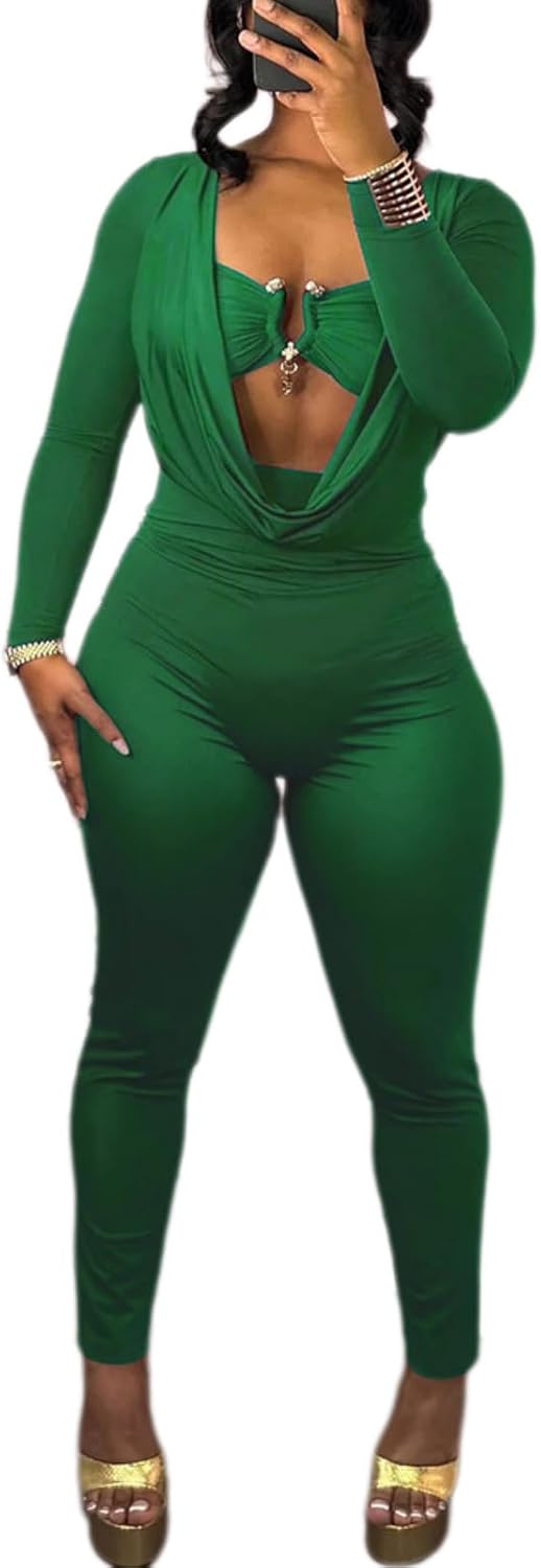 Jumpsuits for Women Sexy Deep V Neck Long Sleeve Jumpsuit Cut Out Bodycon Jumpsuit Going Out Outfits