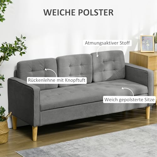 HOMCOM 3 Sitzer Sofa, Couch mit Stauraum, Holzbeine, Gepolsterter Polstersofa mit Samtoptik für Wohnzimmer, Schlafzimmer, 166,5 x 62 x 82 cm, Grau – Bild 5