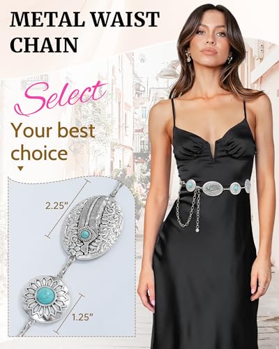 Kajeer Western Chain Belts, Women Concho Belt Turquoise Cowgirl Country Silver Country Waist Belts for Dresses Jean4