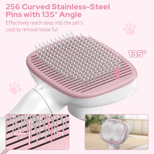 Zivacate Katzenbürste Hundebürste, Selbstreinigende Zupfbürste, Hundekamm Fellbürste Hund Sanft Entfernt Unterwolle, Massage Fellpflege Bürste für Mittel und Langhaar Hunde Katzen - Pink-Weiß