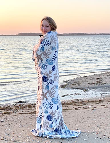 Coastal Ocean Beach Throw Blanket: Soft Plush Velvet Fleece Seashells Hues of Blue Grey on White Accent for Couch or Bed, Colored: Blue Gray Taupe White - Image 3