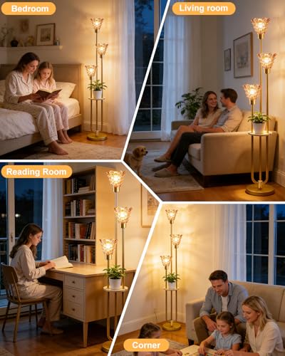 Image of 3-Light Modern Glass Floor Lamp with Shelf, Gold Tall Standing Lamp with Amber Flower Glass Shade, LED Floor Lamp with Foot Switch& 5Lbs Heavy Base for Living Room Bedroom, Bulb Included