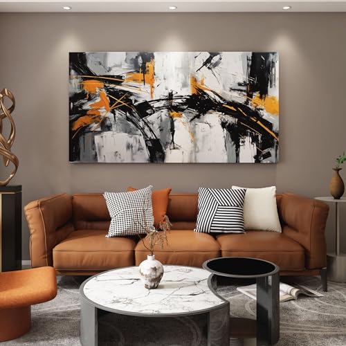 Image of Large Abstract Canvas Wall Art Black and Orange Modern Wall Art for Living Room - Canvas Wall Decor for Office and Home - Framed Artwork for Walls Pictures for Bedroom Wall Decor 29x58IN
