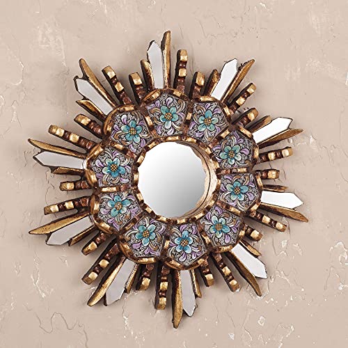 Novica Blue Floral Reverse Painted Glass Bronze Leaf Starburst Wall Mounted Mirror, Cuzco Meadow' #TOP3