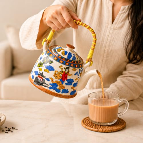Image of Market99 Ceramic Chinese Print Tea Pot (900ml) | High-Fired Ceramic Loose-Leaf Tea Kettle | Elegant Green Tea & Herbal Tea Maker for Kitchen Decor | Stylish Premium Teapot for Tea Lovers & Gifting