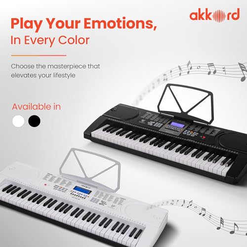 Image of Akkord 61-Key Octave Electronic Keyboard with adapter- LCD Display| USB Input| Mic |Music Sheet Stand | 255 Rhythms | 255 Timbres | 24 Demos | White