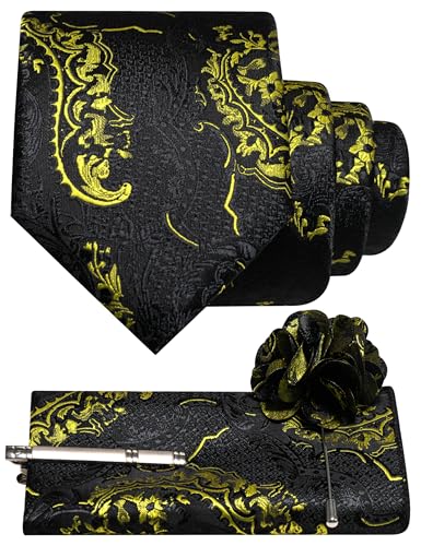 Jemygins Ensemble Cravate pour Homme avec Pochon, Pince à Cravate et Fleur à Boutonnière à Motif Baroque Multicolore pour Mariage et Business, Jaune fluo,...