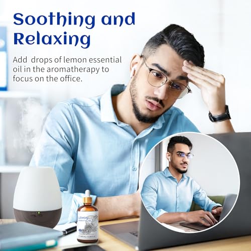 Image of HIQILI Lemon Essential Oil, Household Cleaning, Air Purification, Skin Care, Can be Added to Cleansers, Sprays, Body Lotions Use - 3.38 Fl Oz /100ML