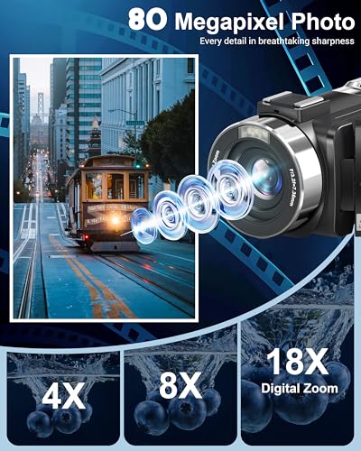 Video Camera Camcorder 4K, HD 80MP IR Night Vision Cameras, 18X Digital Zoom Webcam Video Recorder, 3.0 Inch 270 Degree Rotation IPS Screen YouTube Vlogging Camera with Two Batteries, and 32GB SD Card - Image 4