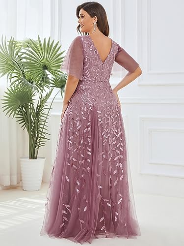 Image of Ever-Pretty Women's Sequin V Neck Plus Size Formal Dresses Evening Gown | Short Sleeve, A-Line, Empire Waist, Plus Size Mother of the Bride Dresses, Plus Size Gala Dress