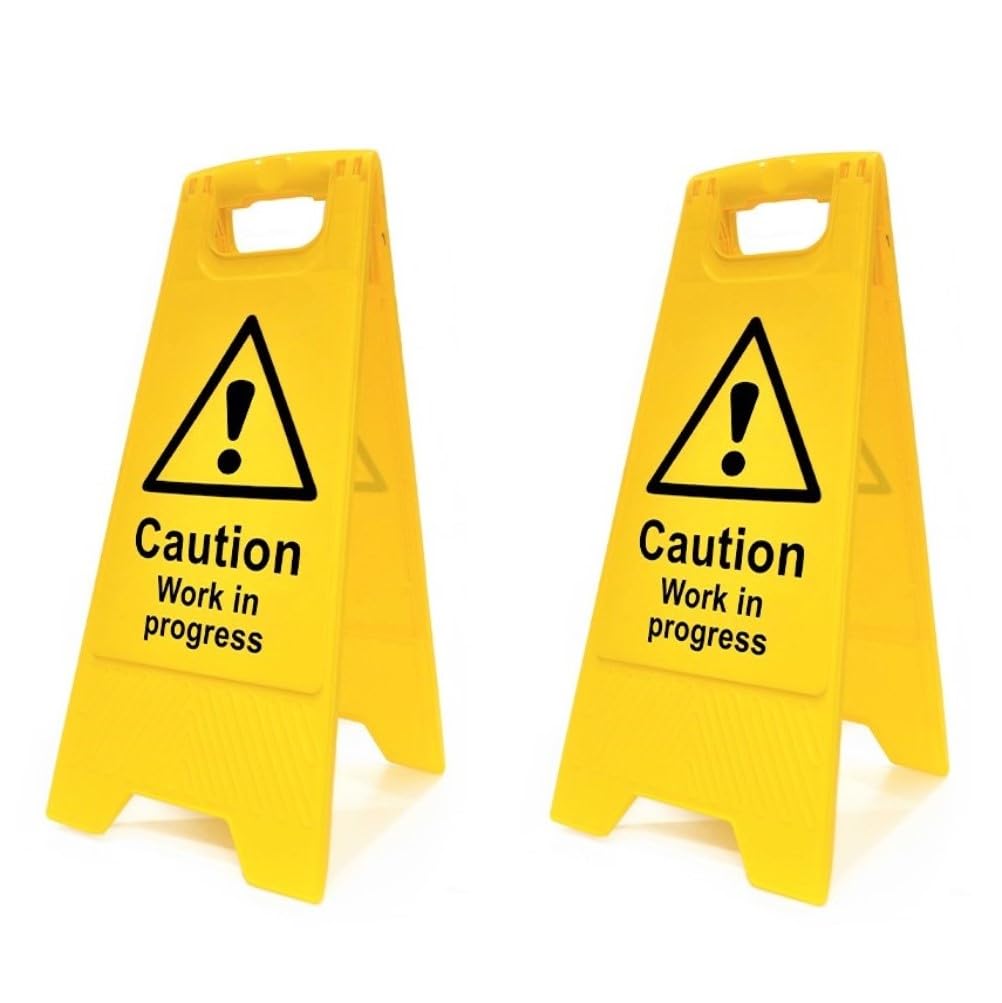 Caution Work In Progress Floor Sign - Pack of 2 | Double-Sided Safety Warning Sign | Foldable A-Frame, High Visibility | Workplace, Maintenance & Public Safety