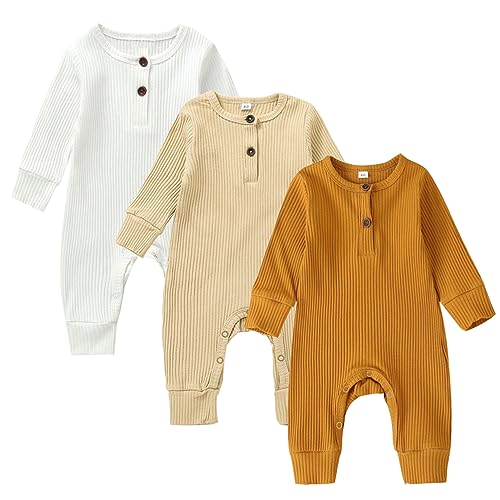 Image of Bafeicao Baby Boy Girl 2/3 Pack Solid Romper Ribbed Short/Long Sleeve Bodysuit Jumpsuit Infant Knitted Outfits Clothes
