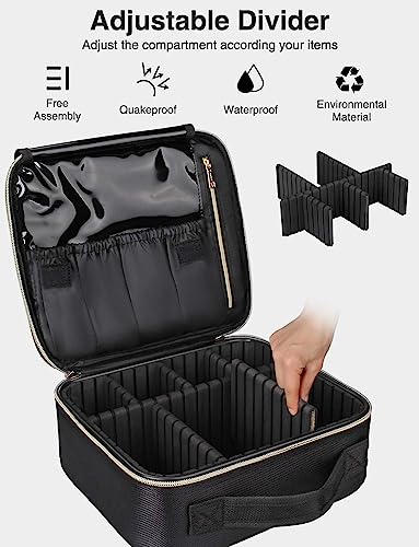 Image of Relavel Travel Makeup Train Case Makeup Cosmetic Case Organizer Portable Artist Storage Bag with Adjustable Dividers for Cosmetics Makeup Brushes Toiletry, Black with Gold Zipper