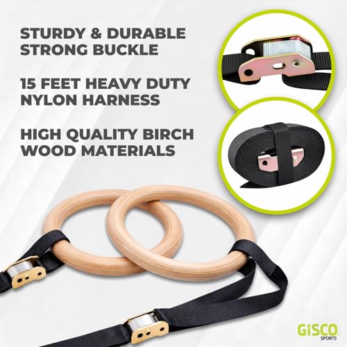 Image of GISCO Wooden Gymnastic Rings | 300 kg Load Capacity | Adjustable Straps with Metal Buckles | Calisthenics & Strength Training for Home Workout (Set of 2)