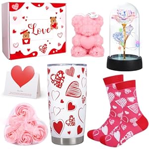 Gifts for Her Girlfriend Wife I Love You Gifts 8 PCS Romantic Gifts Set for Her Valentines Day Gift Baskets W 20oz Tumbler with Lid Straw Socks Rose Flower Bear Candle Gift Card