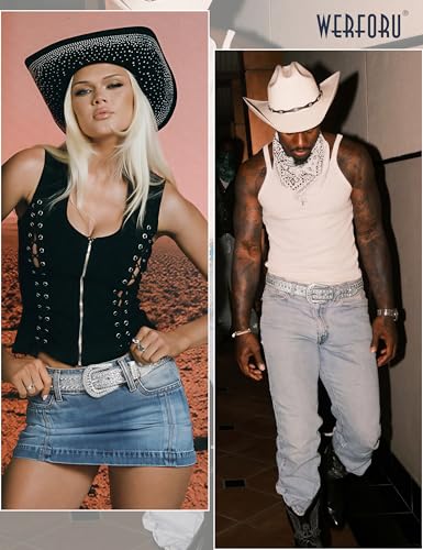 Image of WERFORU Women Men Western Rhinestone Studded Leather Belt Unisex Bling Cowgirl Cowboy Waist Belt for Jeans Pants Dress