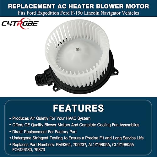 AC Heater Blower Motor HVAC with Fan Cage Compatible with 2009-2014 Ford F150, Ford Lobo, 2009-2017 Ford Expedition, 2009-2017 Lincoln Navigator Replaces PM9364, 700237, AL1Z19805A, CL1Z19805A, 75873 - Thumbnail 4