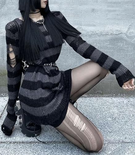 Goth Y2K Striped Sweater Grunge Ripped Punk Gothic Sweaters for Women Harajuku Aesthetic Halloween Pullover Tops2