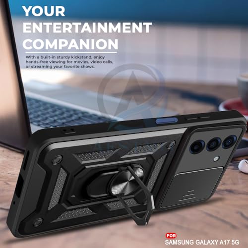 Image of AESTMO Tough Armor Compatible with Samsung Galaxy A17 5G / F17 5G / M17 Bumper Back Case Cover | Ring Holder & Sliding Camera Shield Cover | 360 Degree Protection Back Case Cover (Black)