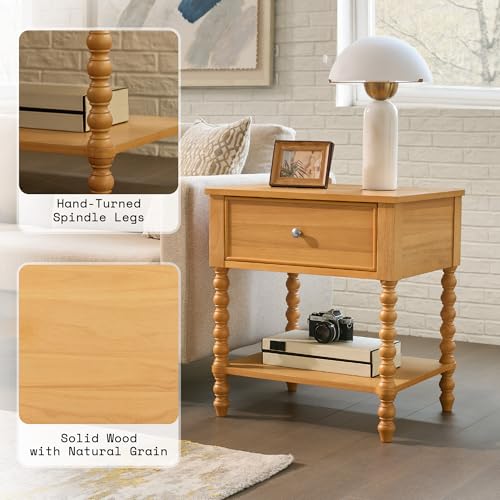 Image of AMERLIFE 24 inch Wood Nightstand, Vintage Bedside Table for Bedroom, Solid Wood Night Stand with Turned Legs, End Table with Drawer & Open Shelf, Large /Tall Nightstand, Natural Finish