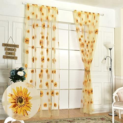 Ufurty Sunflower Window Curtain, 2PCS Sun Flower Floral Voile She...