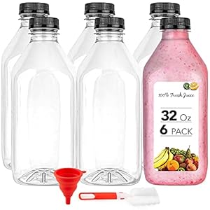 32 oz Juice Bottles with Caps for Juicing (6 pack) – Reusable Clear Empty Plastic Bottles – 32 Oz Drink Containers for Mini Fridge – Water Bottles Bulk – Includes Labels, Brush & Funnel