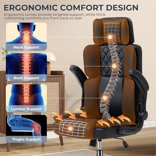 Image of Office Chair with Adjustable Headrest - Executive Leather Desk Chair for Home Office, with Flip-Up Arms & Ergonomic Lumbar Support, Perfect for Work and Study, Black