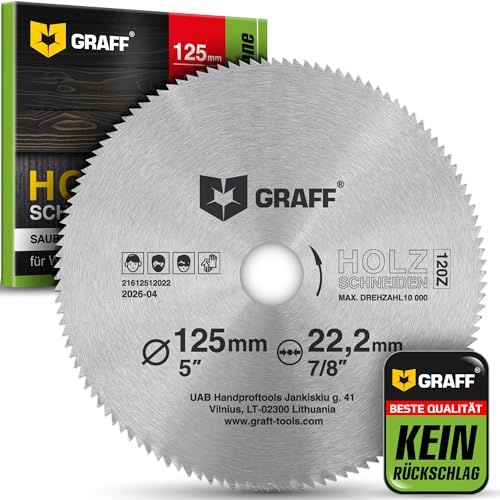 GRAFF Disque Bois Meuleuse 125 x 120 Dents – Disque Sculpture Bois, Contreplaqué, Stratifié, Cloison, Sèche, Plastique – Lame de Scie Circulaire avec...