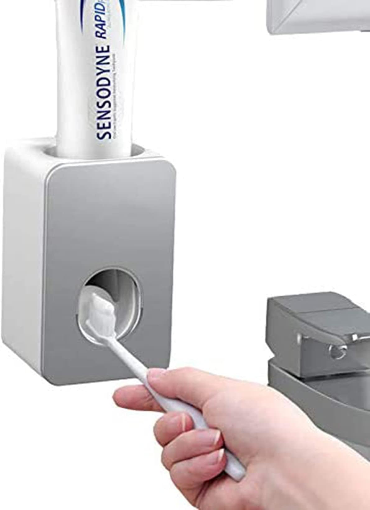 DELFINO Toothpaste Dispenser and Toothbrush Holder, 2PCS, Automatic Toothpaste Squeezer for Kids & Family Shower, Wall Mount Bathroom Accessories with Super Sticky Suction Pad (Grey + Grey)