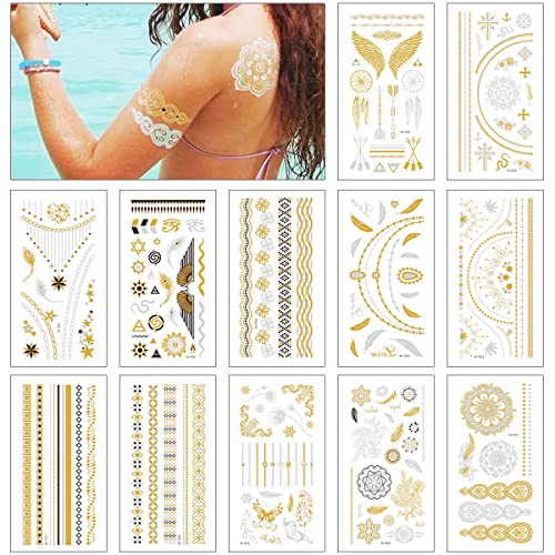 12 Blätter 120+ Metallic temporäre Tattoos, Flash Tattoos Tribal Feder Wasserdicht Tattoo, Wasserdicht zigeuner schmuck klebe tattoos für Frauen Mädchen Body Art