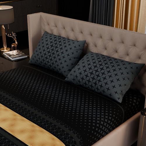 Image of Stoa Paris 100% Bamboo Cotton King Size Fitted Bedsheet with 2 Pillow Covers, 200TC Printed Bed Set, Breathable, All-Season Comfort, Home Decor, Imperial Grandeur - Midnight Crest (182cmx198cm+30cm)