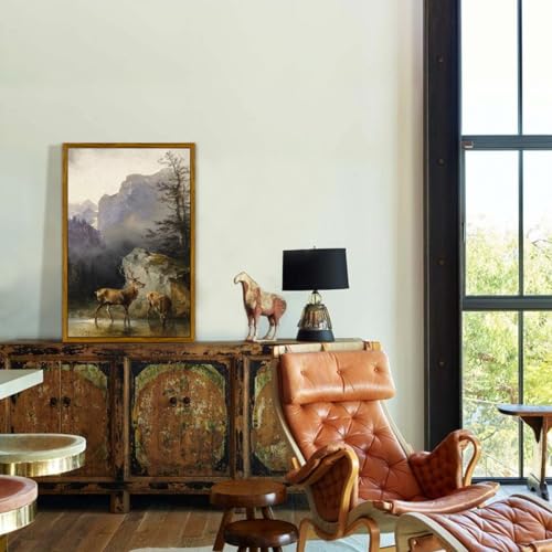 crmotu Vintage Framed Wall Art, Animal Deers Painting Canvas Prints, Mountain Mist Landscape Rustic Home Decorations, Nature Aesthetic Pictures Wall Decor Living Room Bedroom Bathroom Kitchen 16x24in
